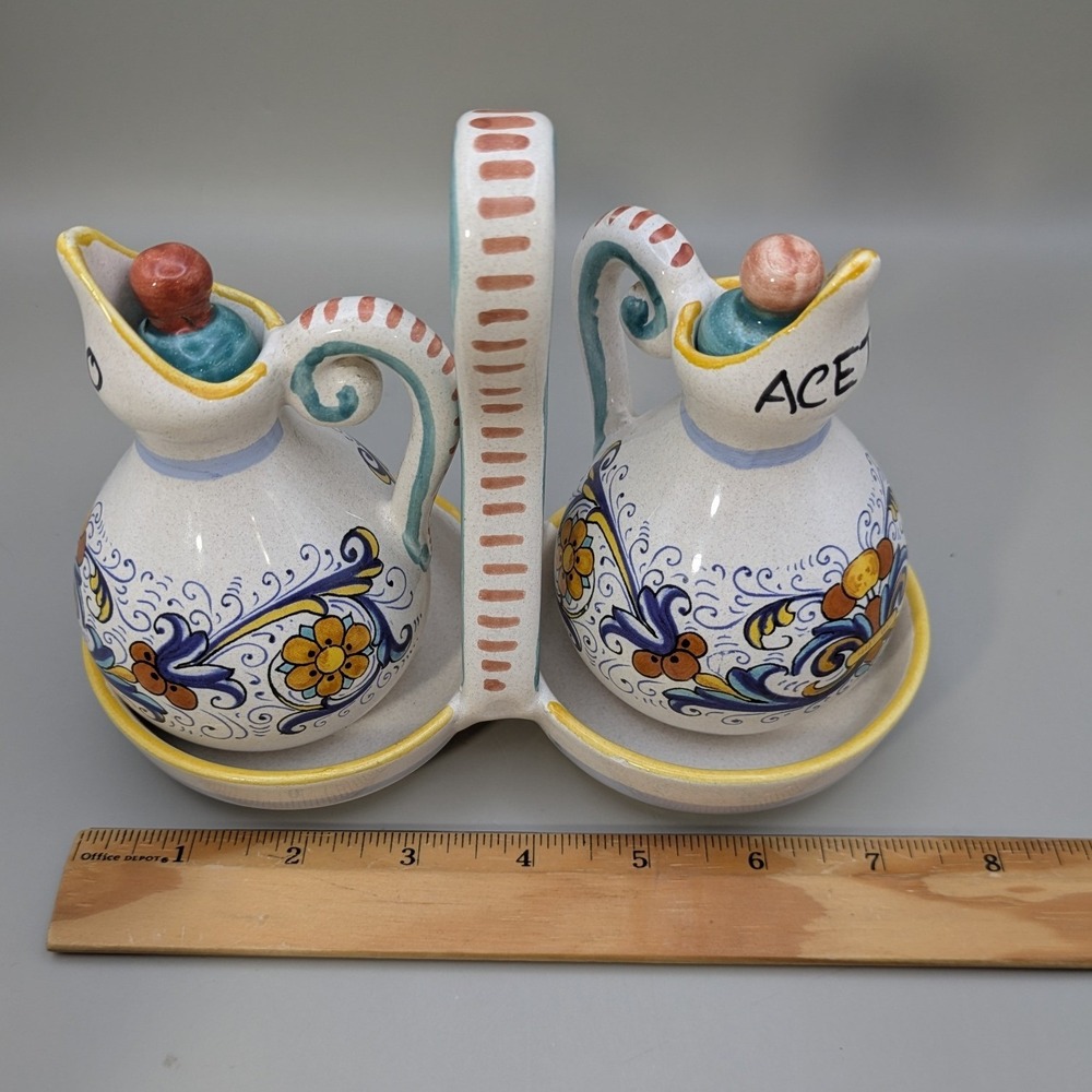 Vintage Ceramiche Deruta Italy Raffaellesco Oil Vinegar Cruet Set Hand Painted - Picture 12 of 13